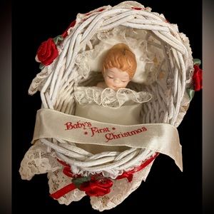 Gorham Baby’s First Christmas Ornament Wicker Porcelain GIRL